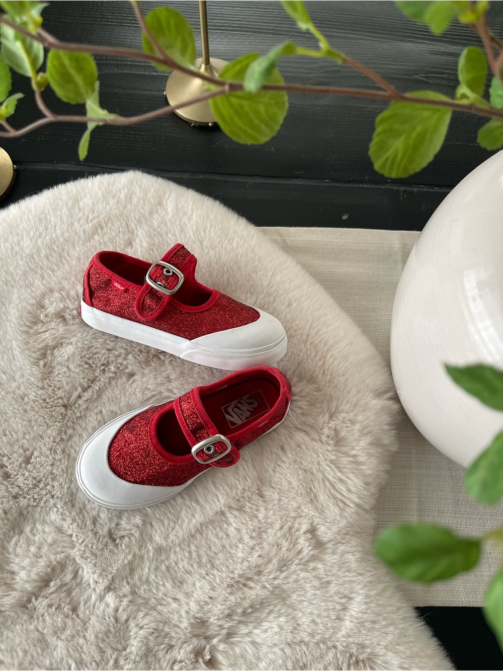 Vans Kids Red Glitter Mary Jane Sneakers with White Toe